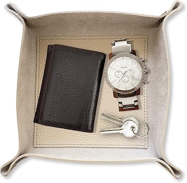 LEART Leather Valet Tray - Small &amp; Compact Catchall Tray   Desk, Bedside, Home Entrance Entryway Organizer   Leather Tray for Keys, Coins, Stationary, Jewellery (Cream)
