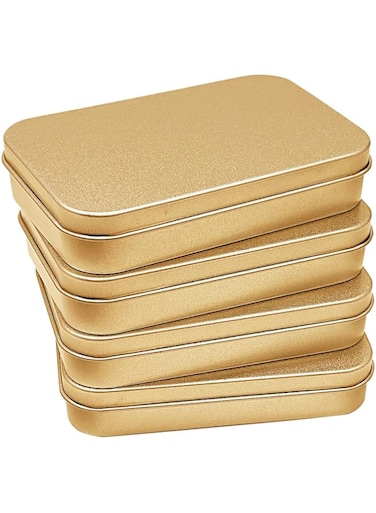 Tazweeq 4Pcs Metal Tin Box, Mini Portable Small Storage Container Kit, Metal Hinged Tin Box, Container, with Lid, for Home Storage (Golden)