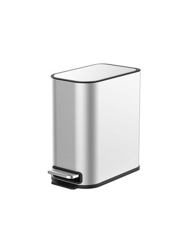 East 5L Slim Stainless Steel Pedal Trash Can with Silent Close Lid and Fingerprint-Resistant Surface for Bathroom, Silver - 15.2x27.5x27.8 cm