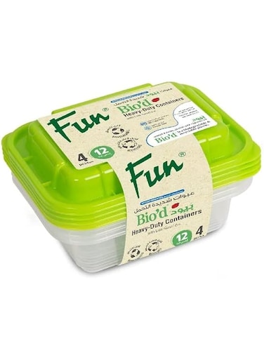 FUN BY AL BAYADER فن Biodegradable Clear Rectangular Container with Green Lid 12oz Freezer Oven Dishwasher safe One Compartment (BPA-FREE) Food Containers, Lunch Box, Reusable, Disposable (Pack of 4)
