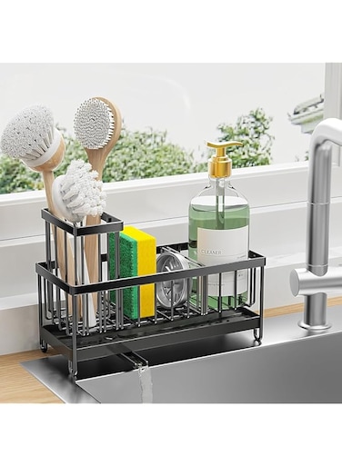 Sponge Holder for Kitchen Sink, Sink Caddy with High Brush Holder, Kitchen Sink Organizer Countertop Rustproof 304 Stainless Steel, Soap Dispenser Kitchen Organizers and Storage Essentials