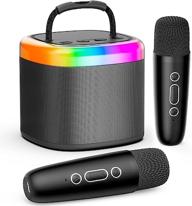 JYX Mini Karaoke Machine for Adults Kids, Portable Bluetooth Speaker with 2 Wireless Microphone, Home Party Karaoke Speaker Support SD Card/USB, Gift for Birthday and Toys for Girls/Boys grey