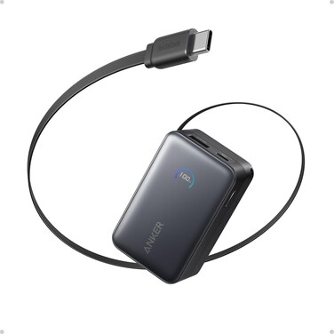 Anker Nano Power Bank, 10,000mAh Portable Charger with 2.3 ft InstaCord Retractable Cable, 45W Max Compact Battery Pack, Smart Display, for iPhone 17/16/15 Series, iPad, Galaxy, Pixel, and More