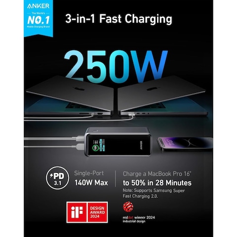 Anker Prime Power Bank, 27,650mAh 3-Port 250W Portable Charger (99.54Wh) Smart App, Compatible with MacBook Pro/Air, iPhone 15/14/13 Series, Samsung, Dell, &amp; More, Gold
