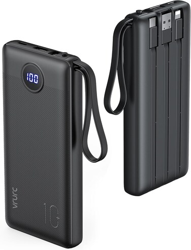 VRURC Power Bank 10000mAh with Built in Cables,VRURC USB C slim Portable Charger 5 Output &amp; 2 Input LED Display External Battery Pack Chargers Compatible with iPhone,Samsung Cell Phones
