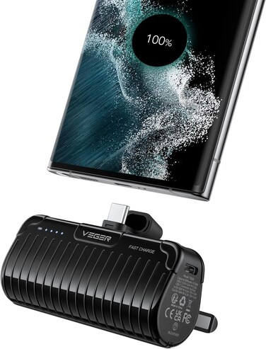 VEGER Mini Power Bank 5000mAh, Portable Charger Ultra Compact 20W PD QC3.0 Fast Charging Cell Phone Battery Pack with Foldable Stand, USB C Mini Powerbank for Samsung Galaxy S22, S21,Android - Black