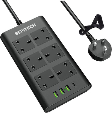 BEPiTECH 20W USB-C upgraded 6 UK Power Socket Extension Cord, Surge Protected, Multi-plug 4 USB Ports Charging Station, Flat 2 Meter Strip Lead for phone/Tablet/Laptops/Travel/Office/Home
