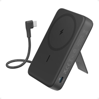 Anker Zolo Magnetic Power Bank, 10,000mAh Wireless Portable Charger with 30W Max Fast Charging, Battery Pack with Built-in USB-C Cable and Adjustable Stand, for iPhone 16/15 Series, AirPods (black)