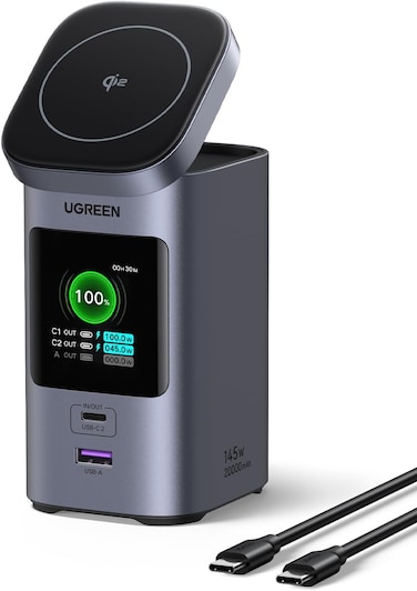 UGREEN Nexode 20000mAh 145W Laptop Power Bank with Qi2 15W Wireless Charging, Portable Charger for MacBook Pro/Air, iPhone 17/16, Galaxy S25/24, Travel and Hiking Power Companion with TFT Display