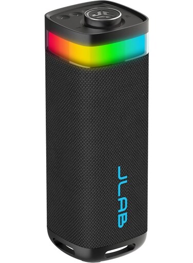 JBuds Party Portable Bluetooth Speaker, 2 Full-Range Drivers + 2 Passive Woofers, IP56 Waterproof, 12 Hours Playtime, Connect Multiple Speakers, Custom Sound + RGB Lighting via App black