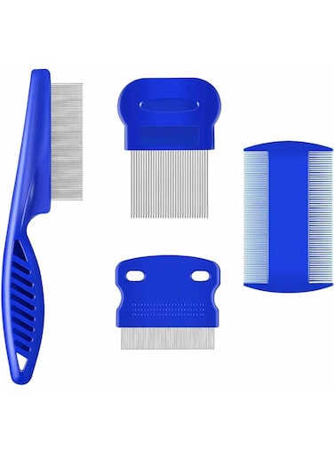 Generic 4 Pack Flea Lice Comb, Stainless Steel Dogs Cats Grooming Combs with Rounded Teeth, Double Sided Professional Pet Tear Stain Remover, Fine Tooth Hair Tool for Small, Medium &amp; Large Pets, Blue