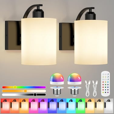 Battery Operated Wall Sconce with Remote Control, Black Rechargeable Wall Lights Set of 2, 15 Colours Wireless Wall Sconce with 3000mAh Dimmable Detachable Bulb for Bedroom, Living Room and Hallway