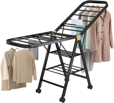 Foldable Drying Rack, 3-Layer Clothes Dryer 170 * 95 * 47cm, Large Clothes Drying Rack with Wheels, Sturdy and Durable, Height Adjustable, Stainless Steel