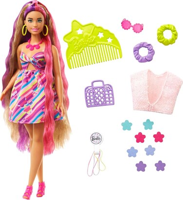 Barbie Totally Hair Flower-Themed Doll, Curvy, 8.5 Inch Fantasy Hair, Dress, 15 Accessories, 3 &amp; Up