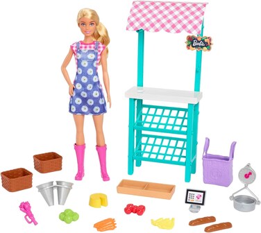 Barbie Farmers Market Playset, Barbie Doll (Blonde), Market Stand, Register, Vegetables, Bread, Flowers &amp; More, 3 &amp; Up