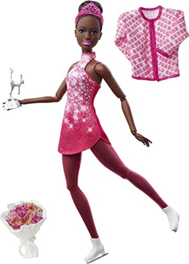 Barbie Winter Sports Ice Skater Brunette Doll (12 Inches) With Pink Dress, Jacket, Rose Bouquet &amp; Trophy, Great Gift For Ages 3 And Up