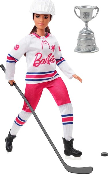 Barbie Winter Sports Hockey Player Brunette Doll, Curvy Shape (12 In) with Jersey, Helmet, Hockey Stick, Puck &amp; Trophy, 3 &amp; Up