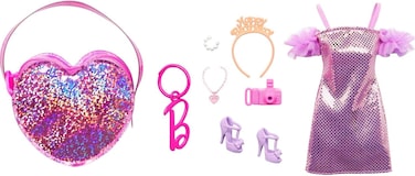 Barbie Clothes Set, Birthday-Themed With Dress, 5 Acessories &amp; Zippered Doll-Sized Heart-Shaped Bag With Clip-On Ring