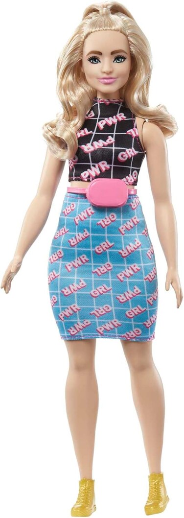 Barbie Fashionistas Doll #202, Curvy Body with Wavy Blond Hair, Girl Power Dress and Accessories