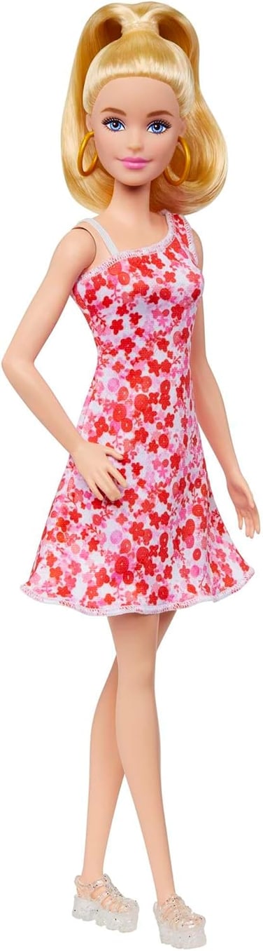 Barbie Fashionistas Doll #205 with Blonde Ponytail, Pink &amp; Red Floral Dress, Platform Sandals &amp; Hoop Earrings