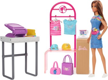 Barbie Make &amp; Sell Boutique Playset with Brunette Doll, Foil Design Tools, Clothes &amp; Accessories