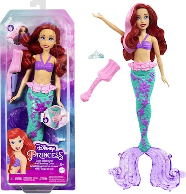 Mattel Disney Princess Toys, Ariel Mermaid Doll with Color-Change Hair and Tail, Color Splash Water Toy Inspired By The Disney Movie, Hlw00