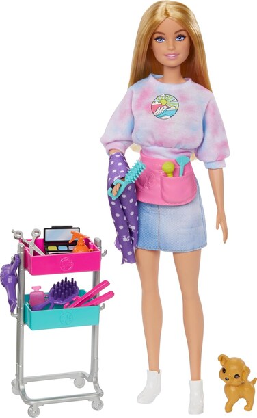 Barbie &ldquo;Malibu&rdquo; Stylist Doll &amp; 14 Accessories Playset, Hair &amp; Makeup Theme with Puppy &amp; Styling Cart