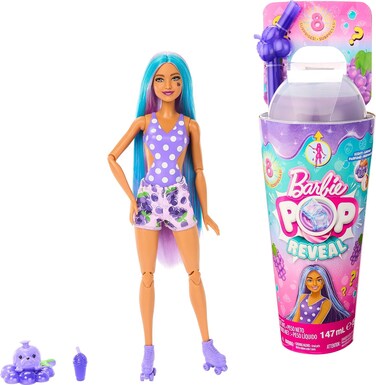 Barbie Pop Reveal Doll &amp; Accessories, Grape Fizz Scent with Purple Hair, 8 Surprises Include Slime, Color Change &amp; Puppy