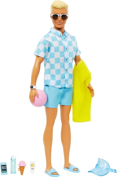 Barbie Blonde Ken Doll with Blue Button Down and Swim Trunks, Visor, Towel and Beach-Themed Accessories, Hpl74