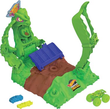 Hot Wheels Monster Trucks Toy Truck &amp; Playset, 1 Glow-In-The-Dark 1:64 Scale Gunkster, Gitd Arena Smashers Ooze Battle Challenge, 2 Crushable Cars