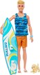 Barbie Ken Surfer Set - Movable Blonde Ken Doll with Surfboard, Puppy and Beach Accessories For Invigorating Beach Adventures, For Children From 3 Years, Hpt50