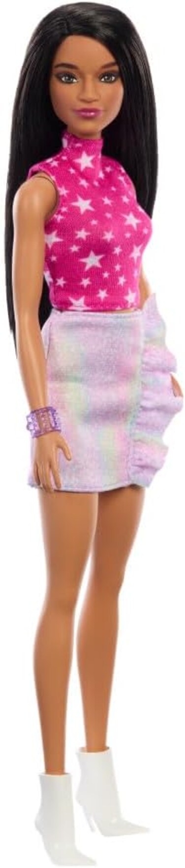 Barbie Fashionistas Doll #215 with Black Straight Hair &amp; Iridescent Skirt, 65th Anniversary