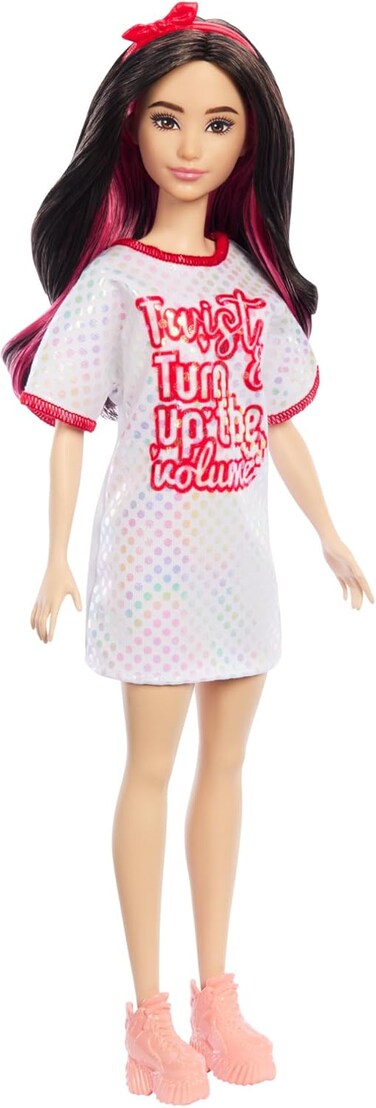 Barbie Fashionistas Doll #214, Black Wavy Hair with Twist &lsquo;N&rsquo; Turn Dress &amp; Accessories, 65th Anniversary
