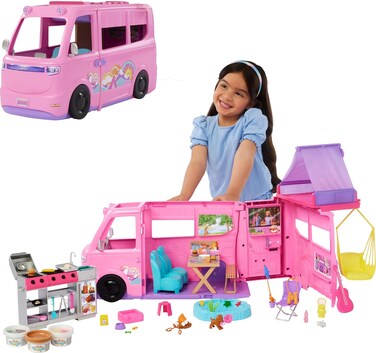 Barbie Dream Camper Playset with Roof Tent, Swing Chair, Fishing Pond, Bbq Grill with Color-Change Feature &amp; 60+ Accessories Including Dough, Hrj78