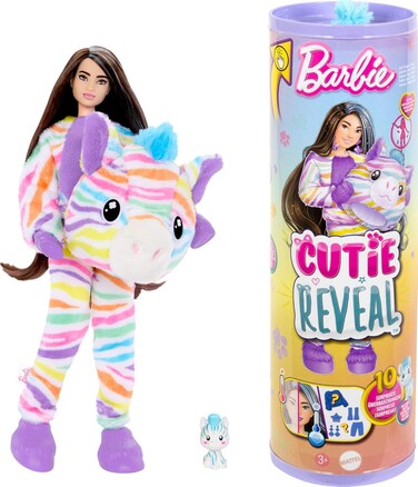 Barbie Cutie Reveal Doll &amp; Accessories with Rainbow Zebra Plush Costume &amp; 10 Surprises Including Color Change, Color Dream Series, Hrk39
