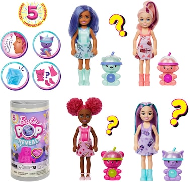 Barbie Reveal Chelsea Pop Doll, Bubble Tea Doll with Box and 5 Surprises Including A Small Scented An Animal (Styles May Vary), Hrk63