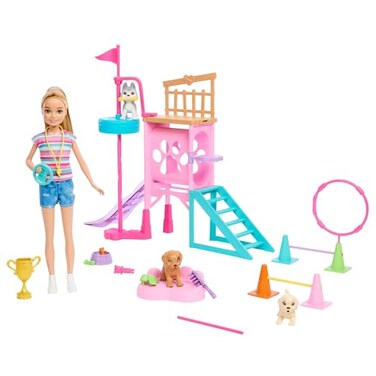 Barbie and Stacie To The Rescue Puppy Playground Playset with Doll, 3 Pet Dog Figures &amp; Accessories