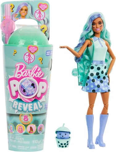 Barbie Pop Reveal Bubble Tea Series Doll &amp; Accessories with Fashion Doll &amp; Pet, 8 Surprises Include Color Change, Cup with Storage (Styles May Vary), Htj21