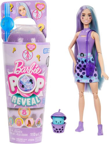 Barbie - Pop Reveal Bubble Tea Series Fashion Doll Taro Milk Scented with Puppy and 8 Color Changing Surprise Accessories, Kids Toy, 3+ Years, Htj19