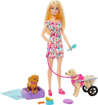 Barbie Doll with A Toy Pup and Dog In A Wheelchair, Plus Pet Accessories