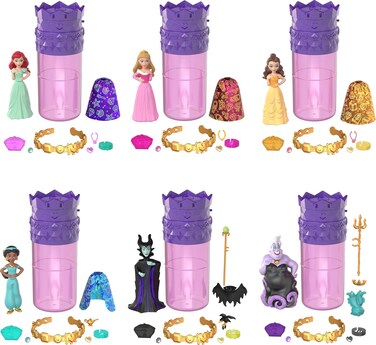 Mattel Disney Princess Small Doll Surprise, Royal Color Reveal W/6 Surprises Including Doll, Bracelet &amp; 4 Pieces (Dolls May Vary), Princess Or Villain Series