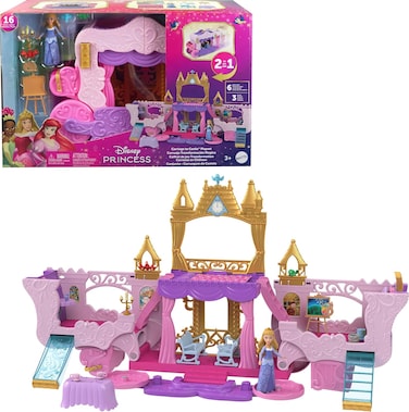 Mattel Disney Princess Carriage To Castle Transforming Playset with Aurora Small Doll, 3 Levels, 6 Play Areas, 4 Figures, Furniture &amp; Accessories