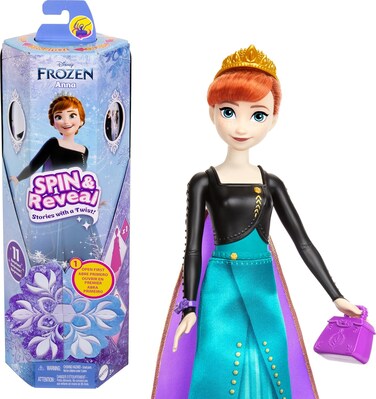 Mattel Disney Frozen Anna Fashion Doll Set, Spin &amp; Reveal with 11 Surprises Including 5 Accessories, 5 Stickers &amp; Play Scene, Inspired By Disney Movie, Hxd27