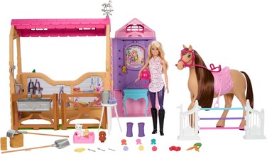 Barbie Toy Stable Playset with Doll, Horse &amp; Accessories, 25+ Pieces with 6 Areas Of Play, Inspired By Barbie Mysteries: The Great Horse Chase, Hxj44