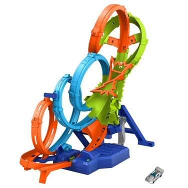 Hot Wheels Toy Car Track Set with 4 Loops, 3-Way Crash Zone &amp; Motorized Booster, Folds For Storage, with 1:64 Scale Toy Car