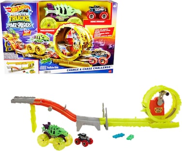 Hot Wheels Monster Trucks Track Set with 2 Toy Trucks: Oversized Skelesaurus &amp; 1:64 Scale Bone Shaker, Charge &amp; Chase Challenge with 2 Crushed Cars