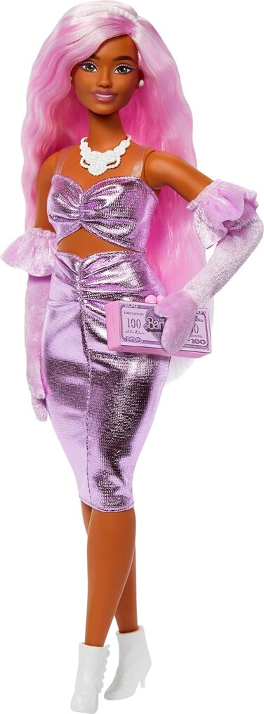 Barbie Deluxe Style Doll #1 In Barbiecore Outfit, Pink Hair and Glossy Pink Dress with Accessories Like Velvet Gloves, Money Purse, and More​​