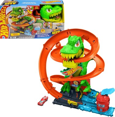 ​Hot Wheels Toy Car Track Set, City T-Rex Blaze Battle Playset &amp; 1:64 Scale Die-Cast Firetruck, 18&rdquo; Tall, Multiple Race Outcomes, Spinning Dinosaur Eyes