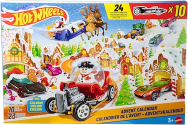 Hot Wheels Toy Cars And Play Set, Advent Calendar 2025 With 10 Vehicles In 1:64 Scale, Clips For Attaching 14 Winter Accessories, Jcb47
