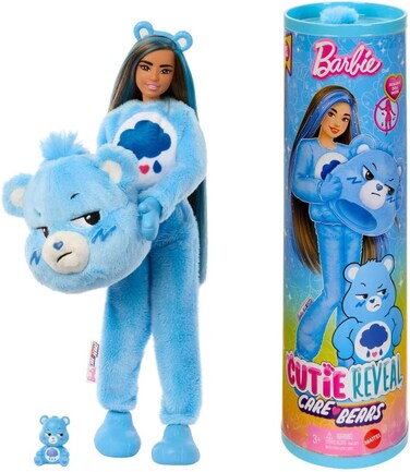 ​Barbie Cutie Reveal Doll &amp; Accessories, Care Bears Series, Fashion Doll with Grumpy Bear Plush Costume &amp; 10 Surprises Including Color Change &amp; Mini Bear